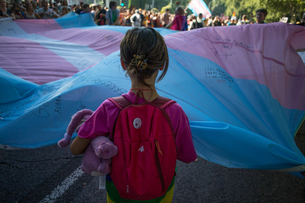 A girl holds the Transgender Pride flag during the pride