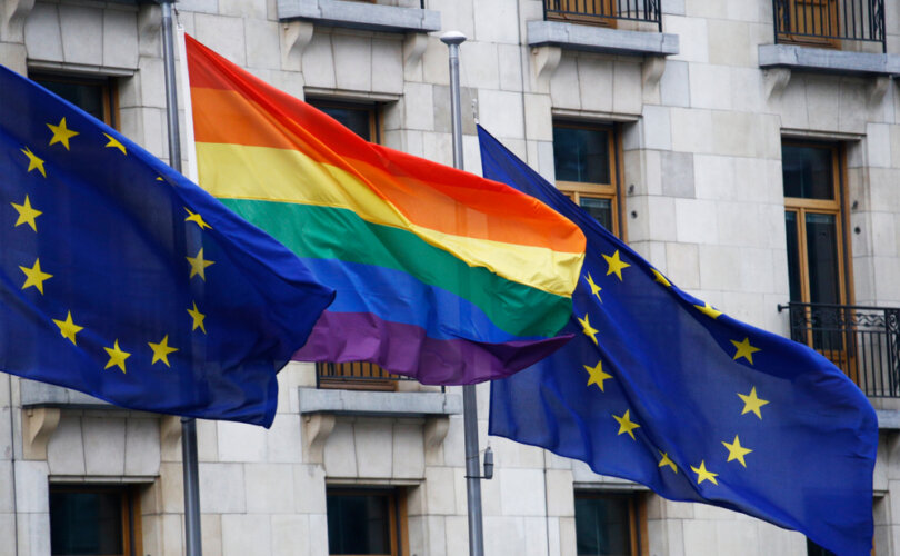 European,Union,Flag,And,Lgbt,Pride,Flag,Wave,Outside,Of